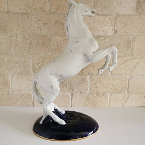 Royal Dux Rearing White Horse Cobalt Blue Base Matte Porcelain Czech Bohemia - Picture 6 of 15